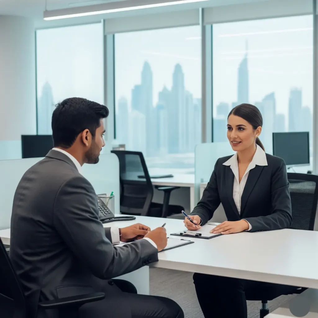 Business owner consulting banker for UAE corporate account