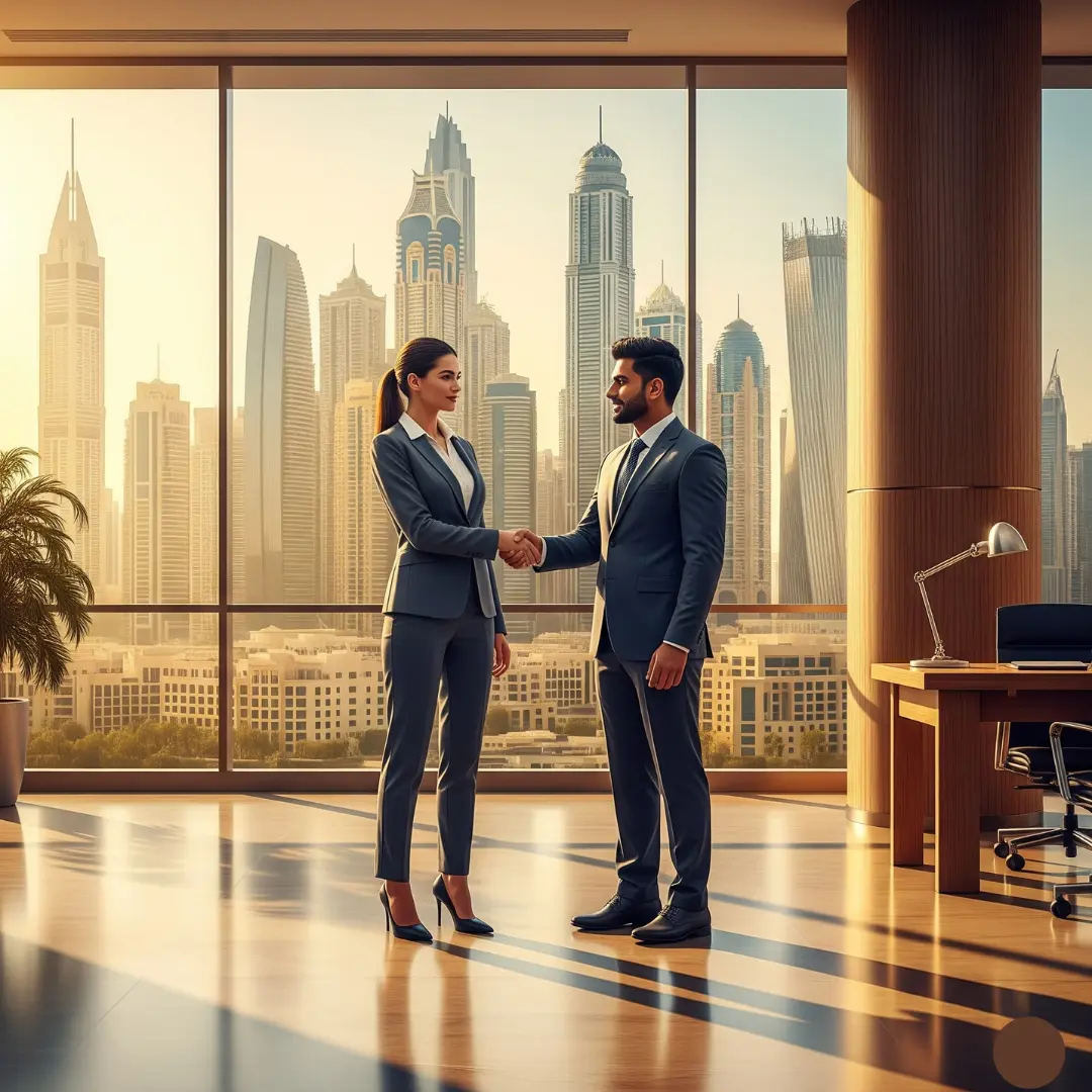 Business consultants shaking hands in front of Dubai skyline