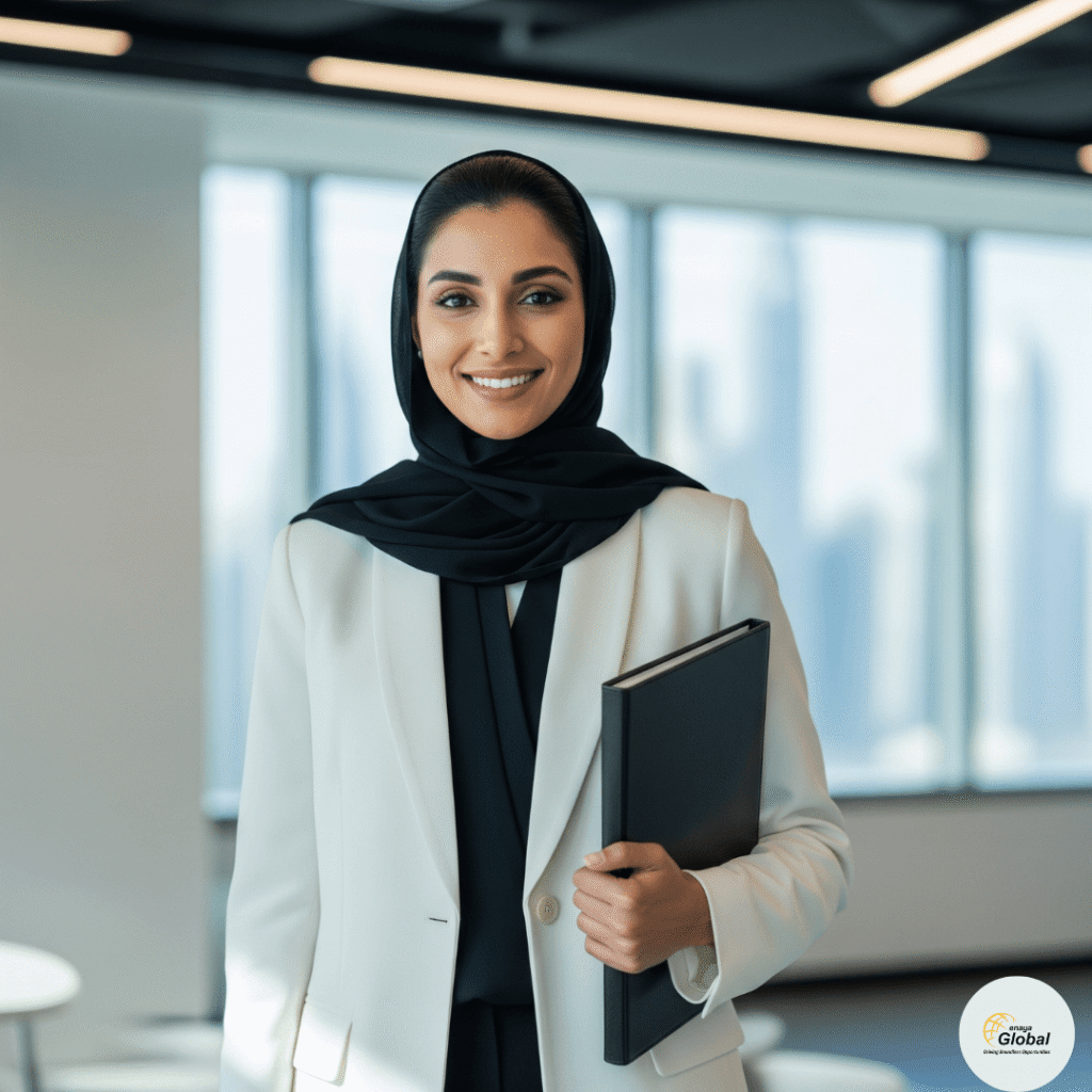 Confident business consultant with folder representing UAE business setup services